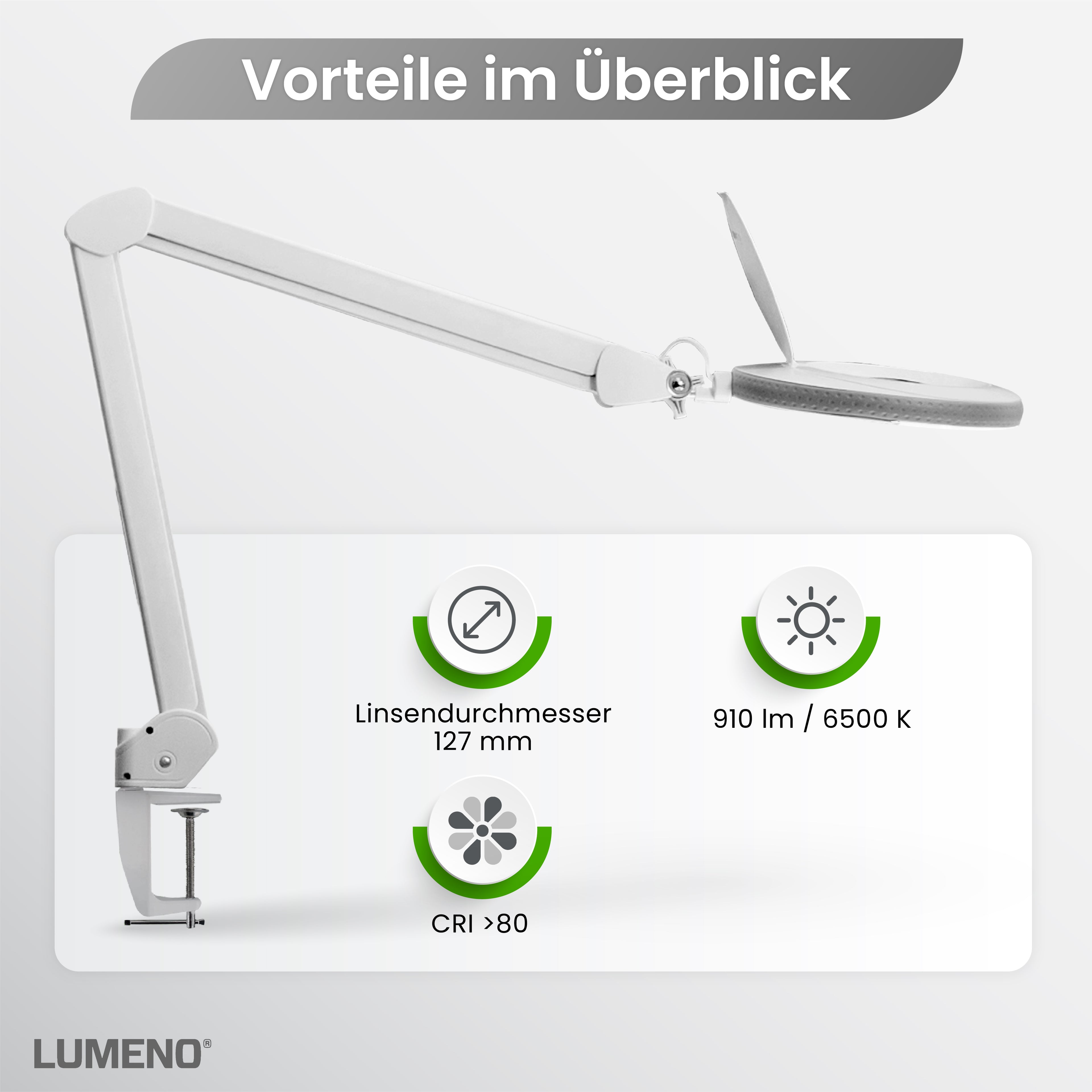 Lumeno 7213/15/18 Lupenleuchte/Arbeitsplatzlampe 60 LEDs mit 127 mm Linse, grau, grün oder schwarz